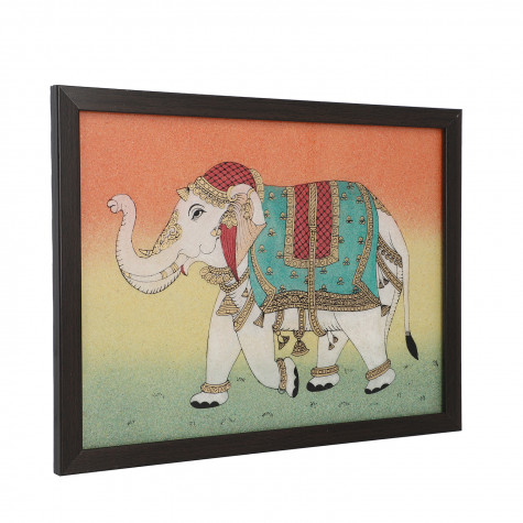 Handcrafted Gemstones Trunk Up Elephant Wall Hanging Painting