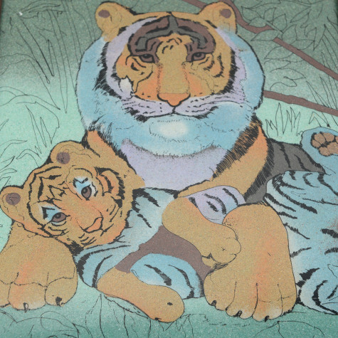 Handcrafted Gemstones Tiger and Cub Wall Hanging Painting