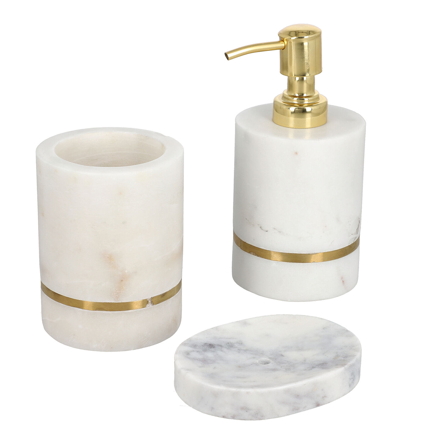 Marble with Brass Work Bathroom Accessory Set with Soap Dispenser, Toothbrush Holder, Soap Holder 