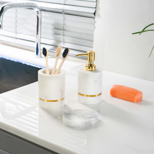 Marble with Brass Work Bathroom Accessory Set with Soap Dispenser, Toothbrush Holder, Soap Holder 