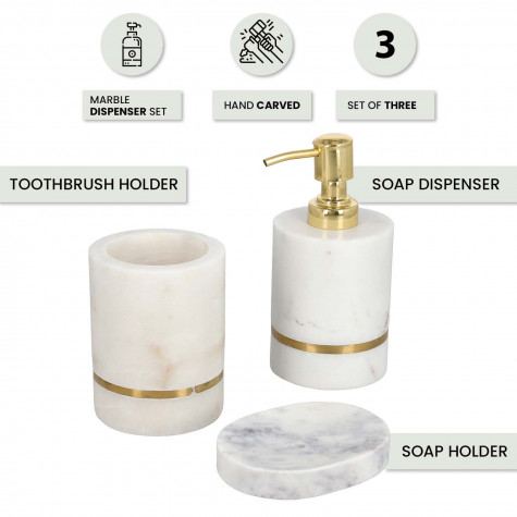 Marble with Brass Work Bathroom Accessory Set with Soap Dispenser, Toothbrush Holder, Soap Holder 