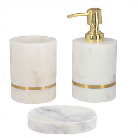 Marble with Brass Work Bathroom Accessory Set with Soap Dispenser, Toothbrush Holder, Soap Holder 