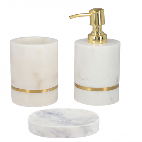 Marble with Brass Work Bathroom Accessory Set with Soap Dispenser, Toothbrush Holder, Soap Holder 