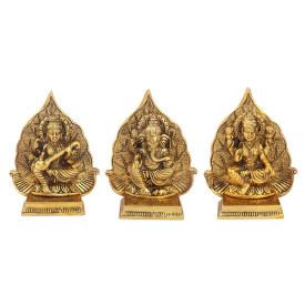Aluminum Metal Laxmi Ganesha Saraswati Ptta Idol Golden Color