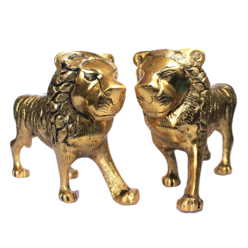 Aluminum Metal Decorative Standing Lion Figurine Pair Golden Color