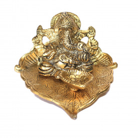 Aluminum Metal Deepak Ptta Ganesha Idol Golden Color