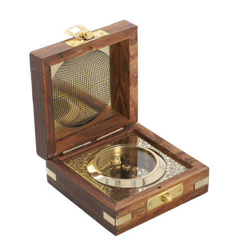 Nautical Compass With Wooden Case Golden Polish