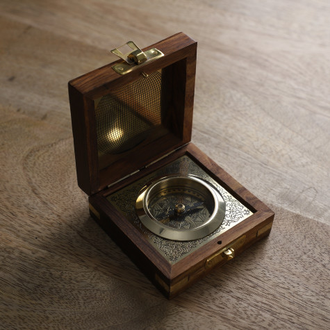 Nautical Compass With Wooden Case Golden Polish