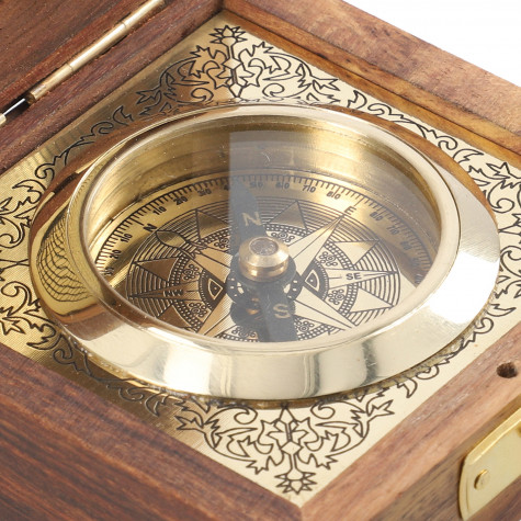 Nautical Compass With Wooden Case Golden Polish