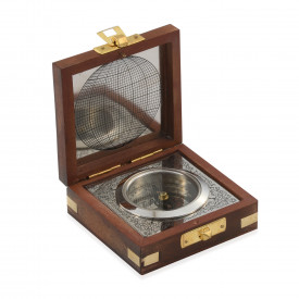 Nautical Compass With Wooden Case Silver Polish