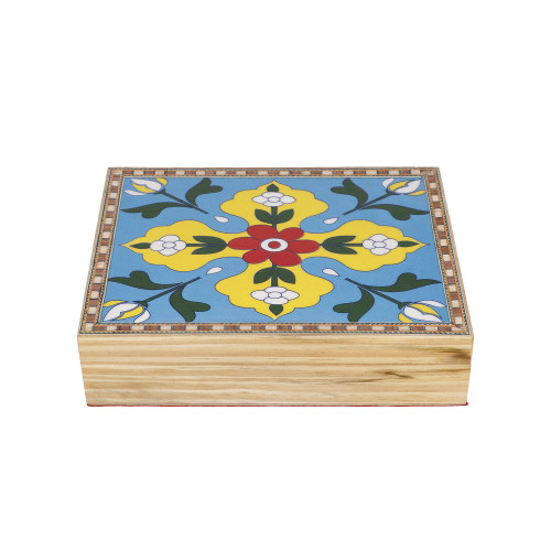 Pine Wood Ceremic Flower Painting Tile Top Storage Box