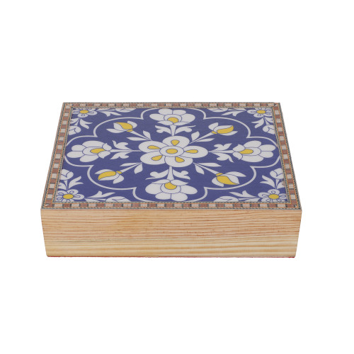 Pine Wood Ceremic Flower Painting Tile Top Blue Storage Box