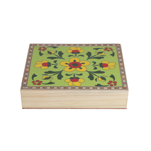 Pine Wood Ceremic Flower Painting Tile Top Green Storage Box