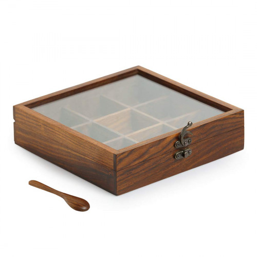 Wooden Spice (Masala) Box 9 Containers with spoon