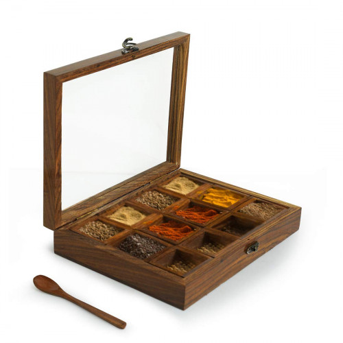 Wooden Spice (Masala) Box With 12 Containers And Spoon