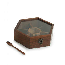 Wooden Hexagonal Shape Spice (Masala) Box with 6 Containers and Spoon