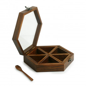 Wooden Hexagonal Shape Triangle Shape Container Spice (Masala Box) with 6 Containers and Spoon