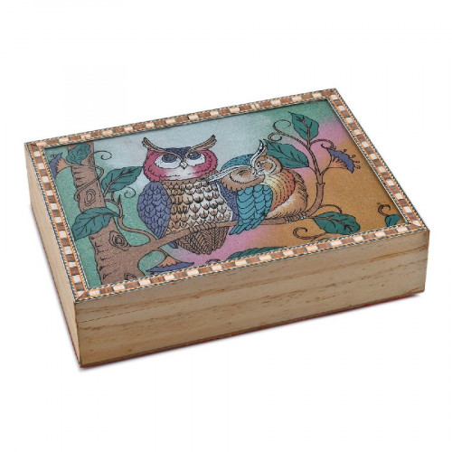 Pine Wood Gemstone Crushed Handcrafted Owl Family Painting Storage Box