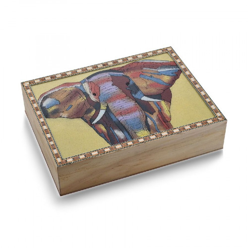 Pine Wood Gemstone Crushed Handcrafted Elephant Painting Storage Box