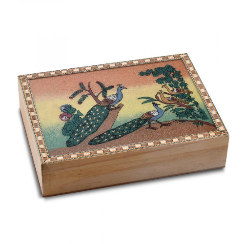 Pine Wood Gemstone Crushed Handcrafted Peacock Painting Storage Box
