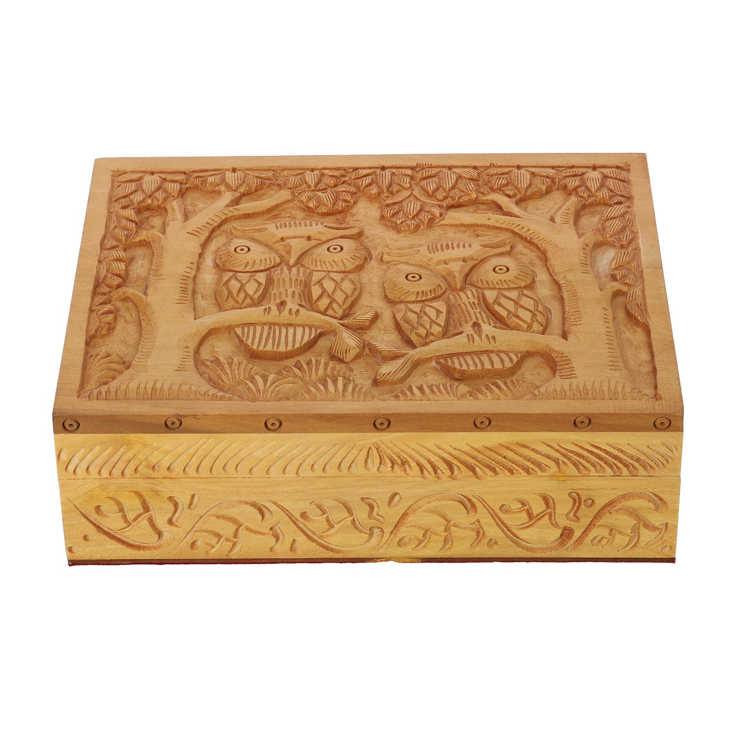 Haldu Wood Handcarved Owl Family Top Design Storage Box