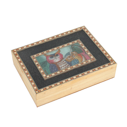 Pine Wood Gemstone Crushed Handcrafted Owl Family Painting Jewellery Box