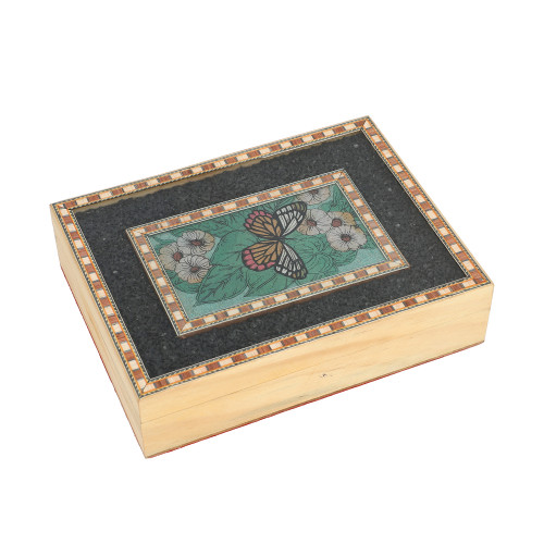 Pine Wood Gemstone Crushed Handcrafted Butterfly Painting Jewellery Box