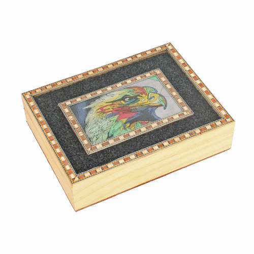 Pine Wood Gemstone Crushed Handcrafted Eagle Painting Jewellery Box