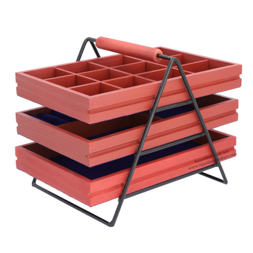 Pine Wood with Iron Stand Sliding Three Tier Jewellery Tray Organiser Pink Finish
