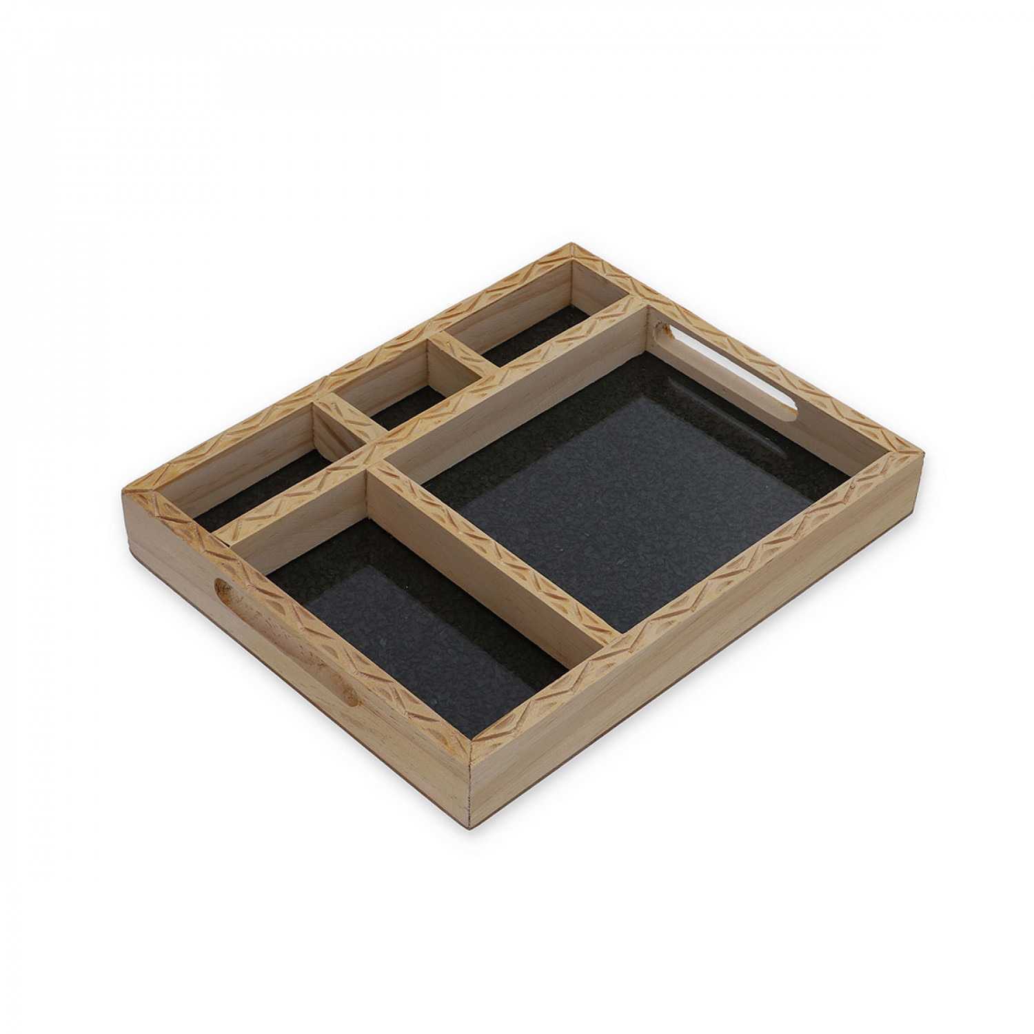 Pine Wood Gemstones Bed Side Table Organiser Tray with Handcarving Border