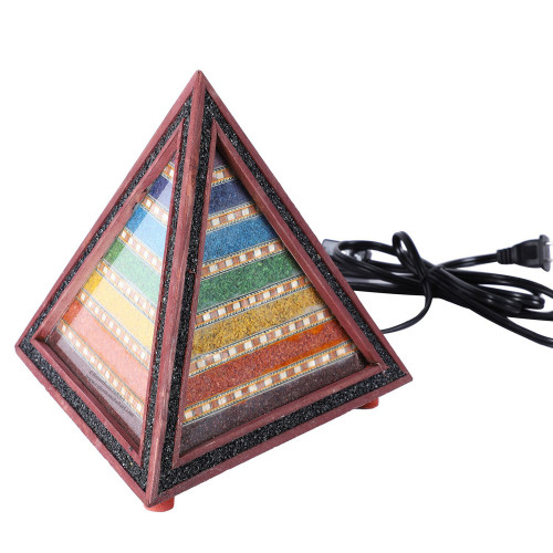 Pine Wood Triangle Shape Seven Chakra Gemstones Table Lamp with Shungite Border Brown Finish