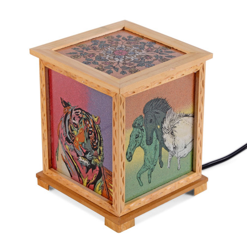 Pine Wood Gemstones Painting Table Lamp with Engraving Border