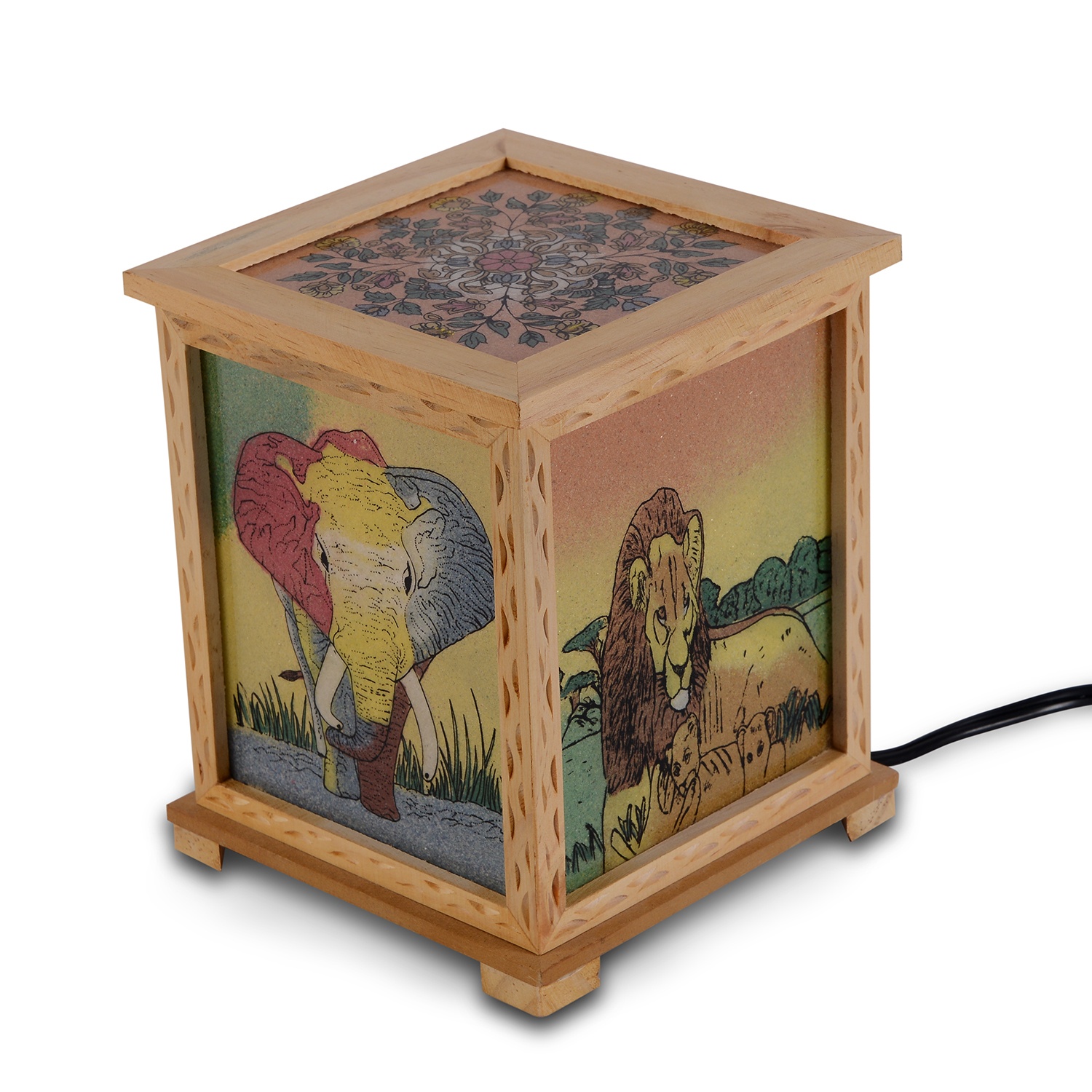 Pine Wood Gemstones Painting Table Lamp with Engraving Border